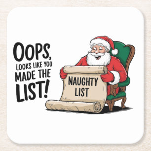 Funny Santa Claus Naughty List Christmas Design Square Paper Coaster