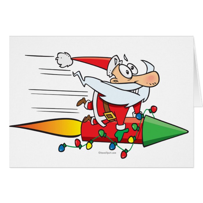 funny santa claus on a rocket cartoon greeting cards