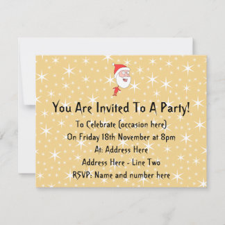 Funny Santa Claus, on Gold Color Star Pattern. Invitation