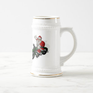 Funny Santa Claus On Green Vintage Motorbike Beer Stein