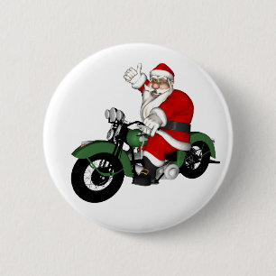 Funny Santa Claus On Green Vintage Motorbike Button