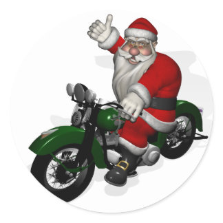 Funny Santa Claus On Green Vintage Motorbike Classic Round Sticker