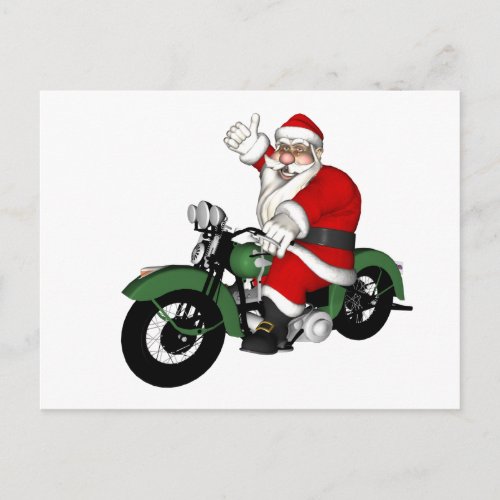 Funny Santa Claus On Green Vintage Motorbike Holiday Postcard