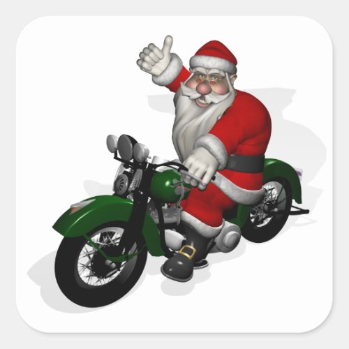 Funny Santa Claus On Green Vintage Motorbike Square Sticker