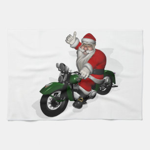 Funny Santa Claus On Green Vintage Motorbike Towel