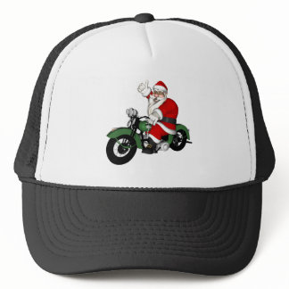 Funny Santa Claus On Green Vintage Motorbike Trucker Hat