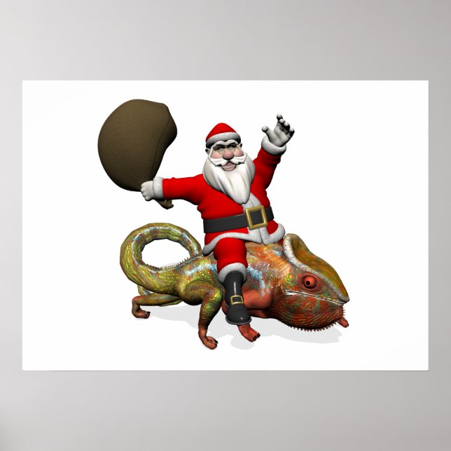 Funny Santa Claus On Huge Panther Chameleon Poster (Front)