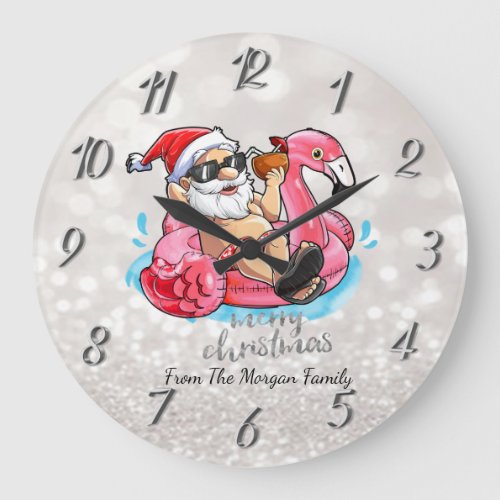 Funny Santa ClausPink Flamingos Christmas Large Clock