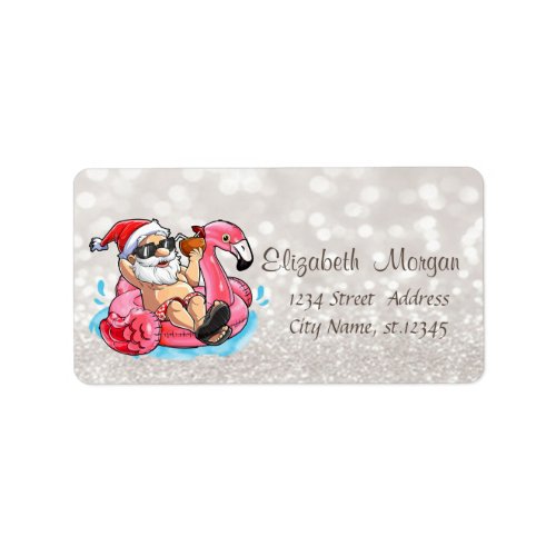 Funny Santa ClausPink Flamingos Glittery Boke Label