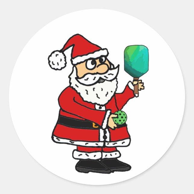 Funny Santa Claus Playing Pickleball Christmas Classic Round Sticker (Front)