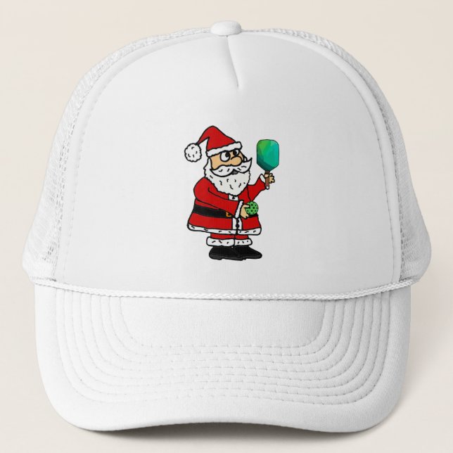 Funny Santa Claus Playing Pickleball Christmas Trucker Hat (Front)