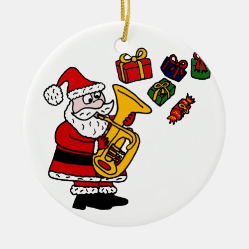 Funny Santa Claus Playing Tuba Christmas Art Ceramic Ornament