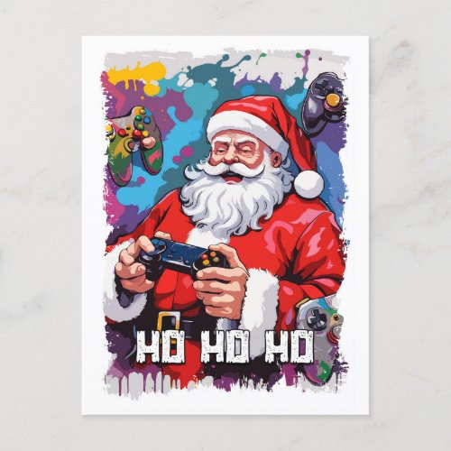 Funny Santa Claus Playing Video Games illustration Postcard