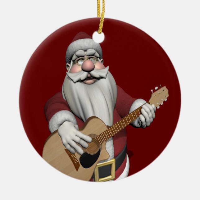 Funny Santa Claus Plays Accoustic Guitar Ceramic Ornament (Front)