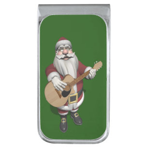 Funny Santa Claus Plays Accoustic Guitar Silver Finish Money Clip