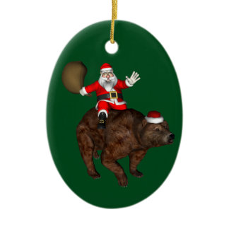 Funny Santa Claus Rides On A Sweet Bear Ceramic Ornament