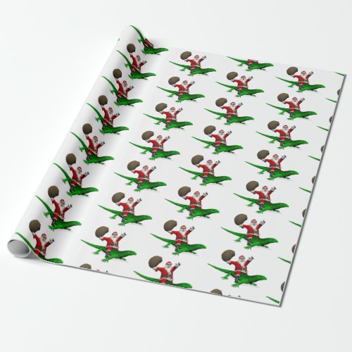 Funny Santa Claus Riding Cool Green Lizard Wrapping Paper