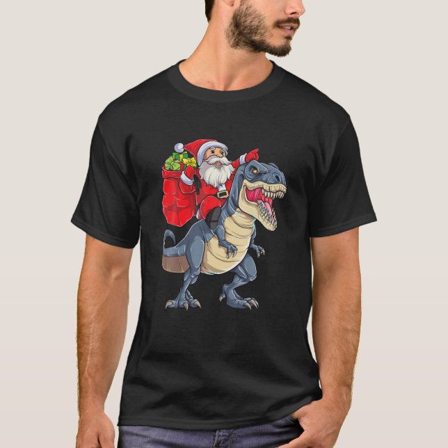 Funny Santa Claus Riding Dinosaur T Rex Boys Kids  T-Shirt (Front)