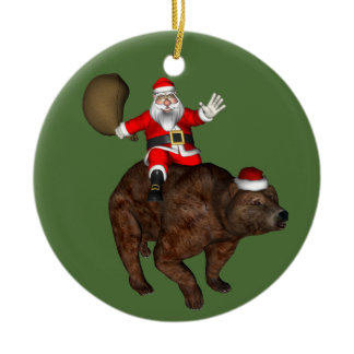 Funny Santa Claus Riding On Brown Bear Ceramic Ornament