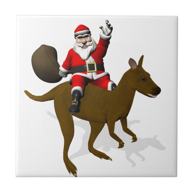 Funny Santa Claus Riding On Kangaroo Ceramic Tile (Front)
