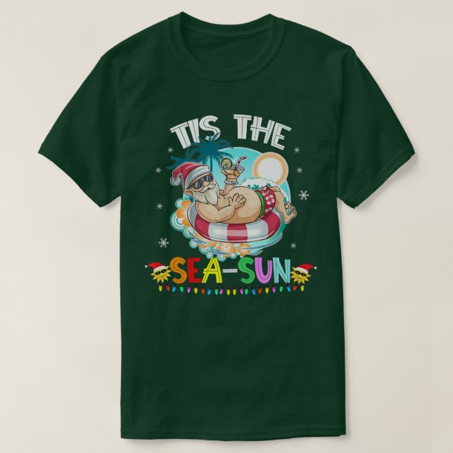 Funny Santa Claus Swiming Tis the SeaSun Christmas T-Shirt (Design Front)