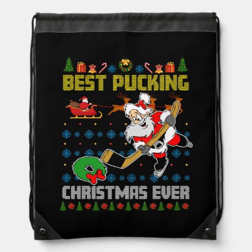 Funny Santa Claus Ugly Christmas Ice Hockey Best P Drawstring Bag