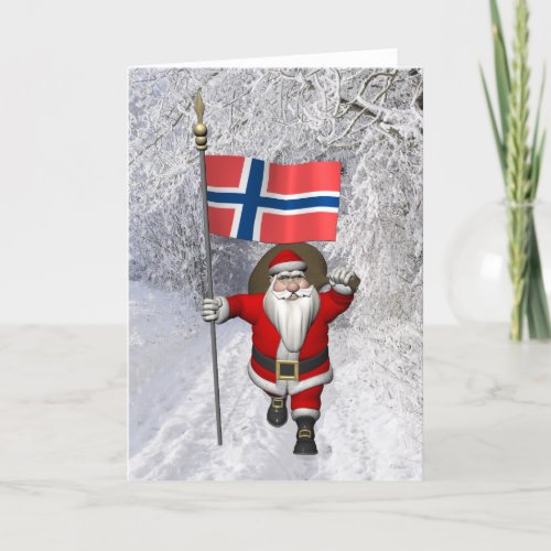 Funny Santa Claus With Flag Of Norway Holiday Card