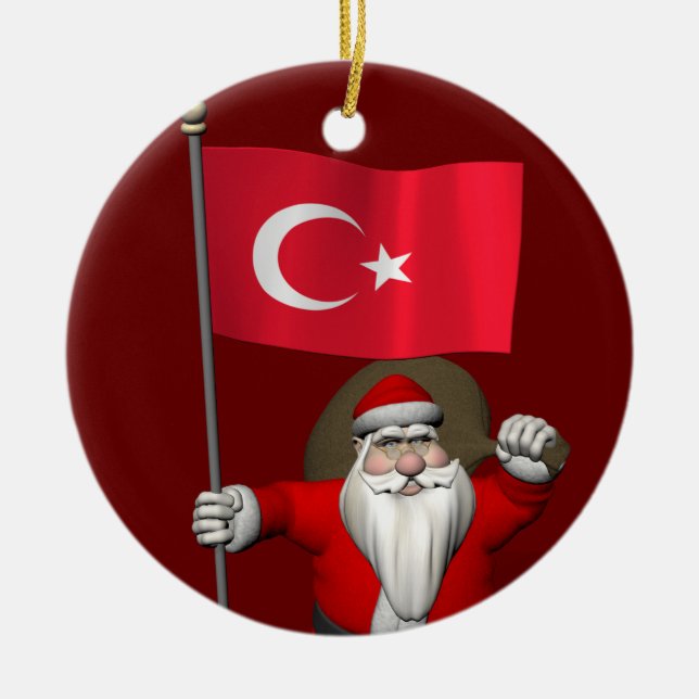 Funny Santa Claus With Flag Of Turkey Ceramic Ornament (Front)