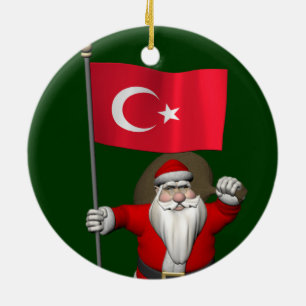 Funny Santa Claus With Flag Of Turkey Ceramic Ornament