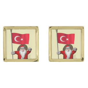 Funny Santa Claus With Flag Of Turkey Gold Cufflinks