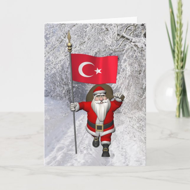 Funny Santa Claus With Flag Of Turkey Holiday Card (Front)