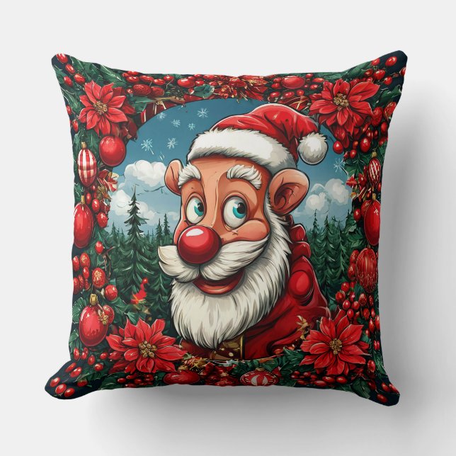 Funny Santa Claus with Wreath and Ornaments Throw Pillow (Front)
