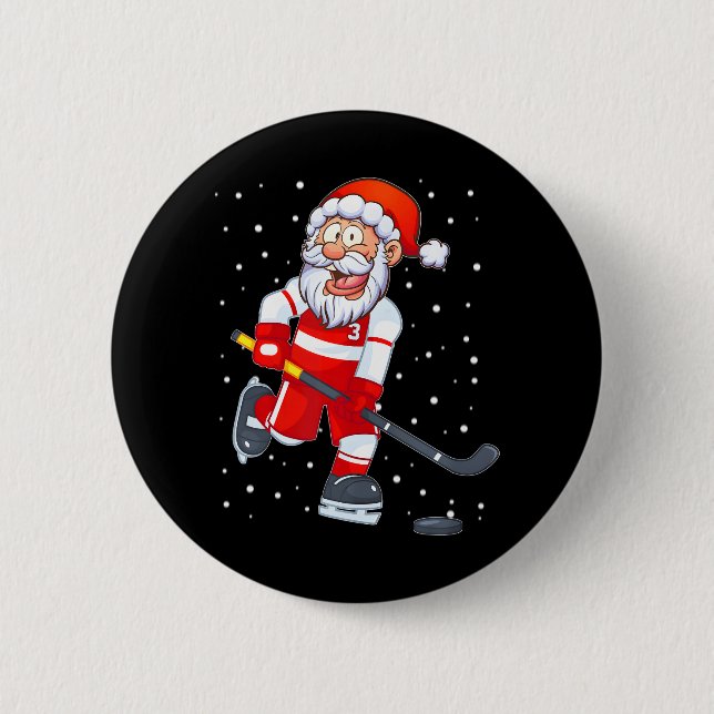 Funny Santa Clause Christmas Ice Hockey For Boys Button (Front)
