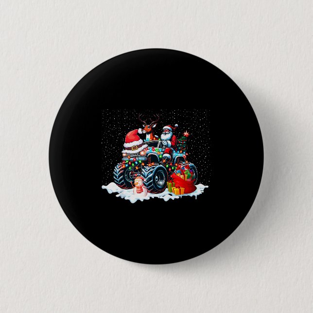 Funny Santa Clause Riding Monster Red Truck Xmas T Button (Front)