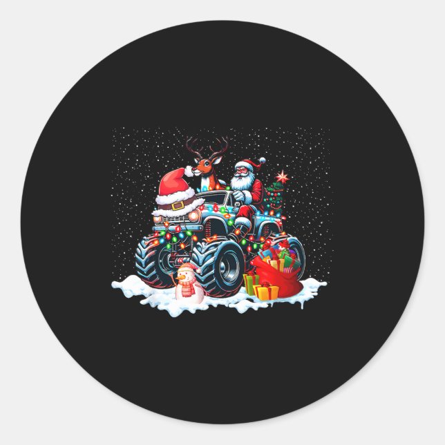 Funny Santa Clause Riding Monster Red Truck Xmas T Classic Round Sticker (Front)