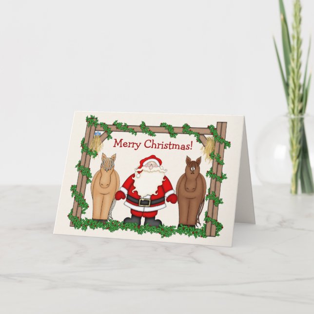 Funny Santa Clause with Horses Merry Christmas Holiday Card (Front)