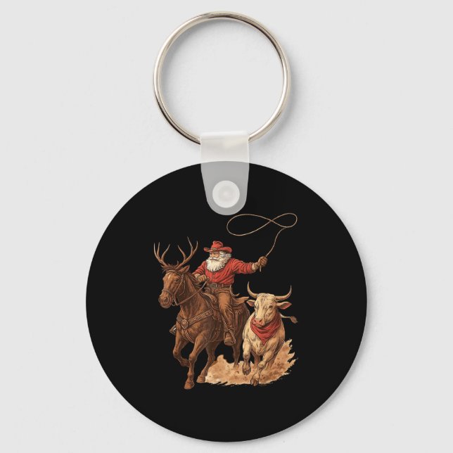 Funny Santa Cowboy Rodeo Reindeer Western Horse Ro Keychain (Front)