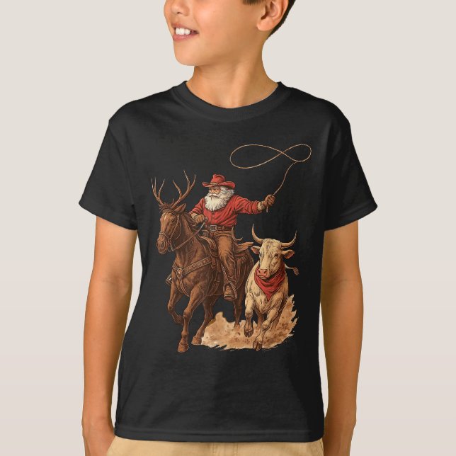 Funny Santa Cowboy Rodeo Reindeer Western Horse Ro T-Shirt (Front)