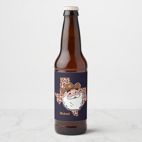 Funny Santa Cowboy Texas Christmas Beer Bottle Label