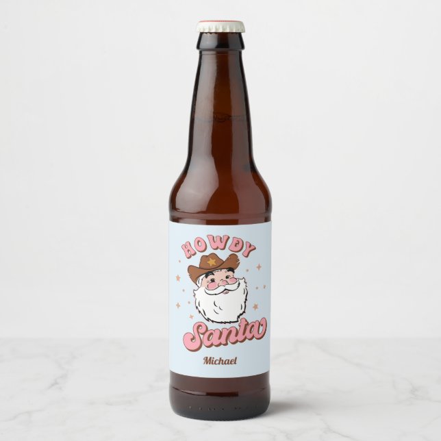 Funny Santa Cowboy Texas Christmas Beer Bottle Label (Front)