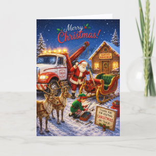 Funny Santa Crashed The Sleigh Tow Truck Business Holiday Card
