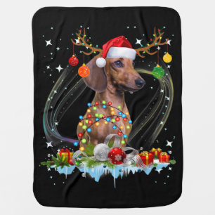Funny Santa Dachshund Reindeer Light Christmas Baby Blanket