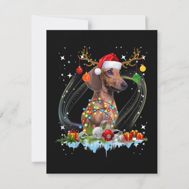 Funny Santa Dachshund Reindeer Light Christmas Note Card (Front)