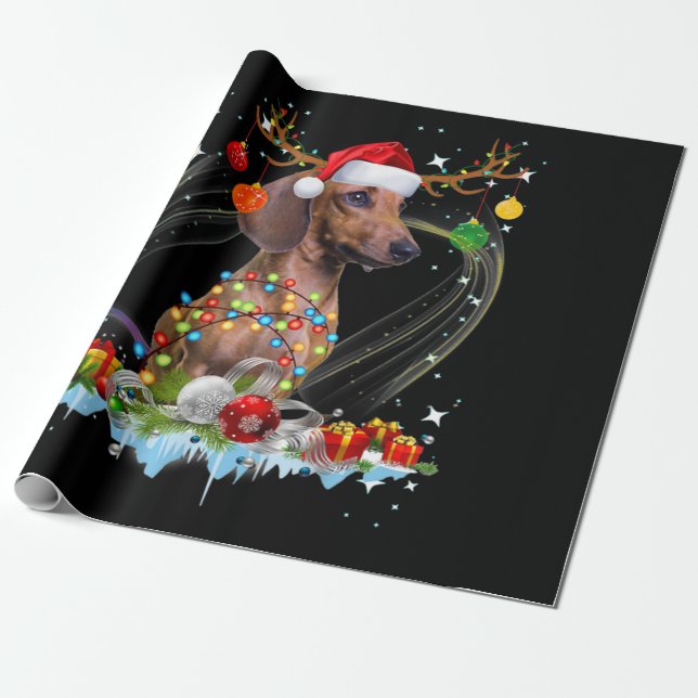 Funny Santa Dachshund Reindeer Light Christmas Wrapping Paper (Unrolled)
