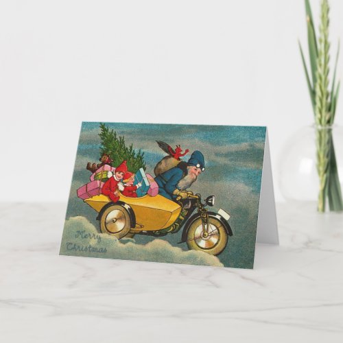 Funny Santa Delivering Presents on Motorbike Holiday Card