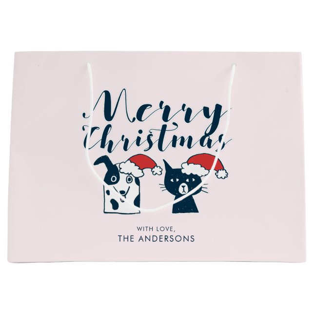 Funny Santa Dog & Cat Doodle | Merry Christmas Large Gift Bag (Front)
