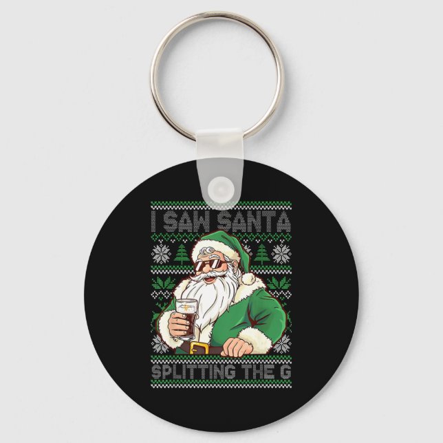 Funny Santa Drinking Beer Splitting G Christmas Ad Keychain (Front)