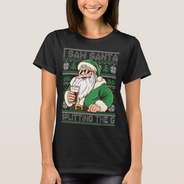 Funny Santa Drinking Beer Splitting G Christmas Ad T-Shirt (Front)