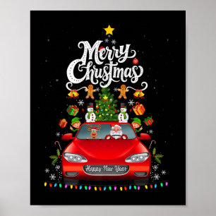 Funny Santa Driving Wagon Red Truck Christmas Tree Poster