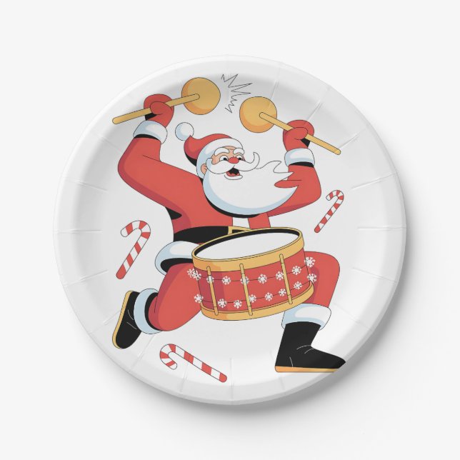 Funny Santa Drummer Ugly Christmas Xmas Drumming  Paper Plates (Front)